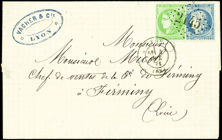 N°42B 5c vert jaune + N°37 20c. bleu obl. GC 2145 s. LAC, càd T17 LYON 4/10/71, arr. FIRMINY, TB