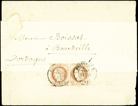 N°51 2c rouge brun, PAIRE obl. càd PARIS ST LAZARE 13/7/72 sur bande complète, cadre brisé à droite, arr. BOURDEILLES 16/7/72, TB