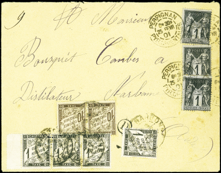 N°10 et 29, 1c (4) et 10c (2) obl. càd NARBONNE 2/01 s. Env. insuff. affr. N°83 (3), TB