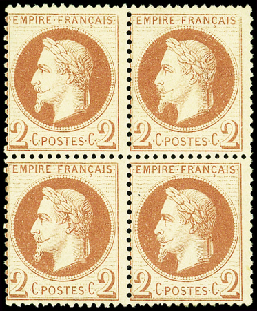 N°26B 2c rouge-brun clair, T II, BLOC de 4, neuf **, une dent un peu réduite, TB