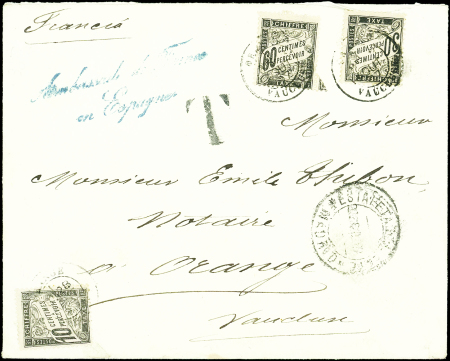 N°15, 18 et 21, 10c, 30c et 60c noir obl. càd ORANGE 28/8/87 s. Env. non affr. de l'Ambassade de France en ESPAGNE, càd MADRID 22/8, TB