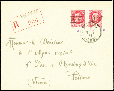 POITIERS N°9 2f40 rouge T II, 2 ex. obl. 9/9/44 s. Env., TB
