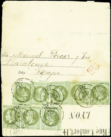 N°25 1c olive BANDE de 3 + 5 ex., obl. LYON 29/6/72 s. bande avec imprimé, 6 timbres défx, spectaculaire