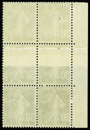 N°192 Semeuse Camée, 30c bleu, T IIA, BLOC de 6 bdf, 2 ex. IMPRESSION sur RACCORD, neuf **, un ex. *, TB