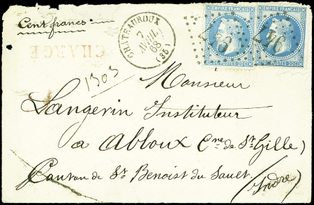 N°29A 20c bleu, T I, 2 nuances obl. GC 947 s. Env. CHARGE, càd T15 CHATEAUROUX 7/4/68, TB