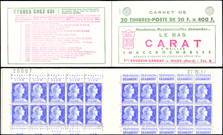 N°1011B-C37  Muller, 20f. bleu, n°1011Bd, T II, S. 13-57, CARAT, daté 27/11/57, n°28097, découpe décalée, amorce de double pub sur 5 ex., TB