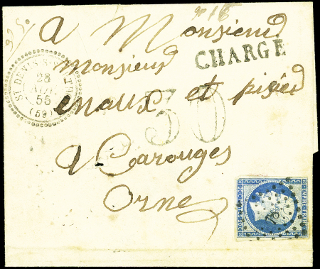 ORNE N°14A obl. s. LSC CHARGE, càd T22 St DENIS-S-SARTHON 28/11/55, Taxe 30 DT pour timbre ayant déjà servi, au verso mention manus de la directrice des Postes