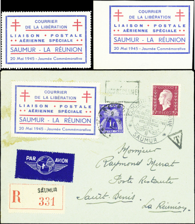 SAUMUR LIBERATION N°1/1a dentelé et non dentelé + un ex. sur Env. Rec. Saumur-La Réunion, TB