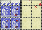 N°482b Paix, 50 s. 90c outremer, SANS surcharge, tenant à normaux dans un BLOC de 4, la surcharge se trouve au verso par pliage, neuf **, TTB