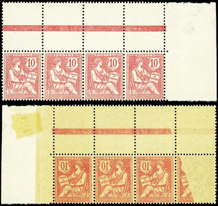 N°124b Mouchon Retouché, 10c rose, BANDE de 4 cdf impression RECTO-VERSO dont 1 partiel, neuf **, TTB