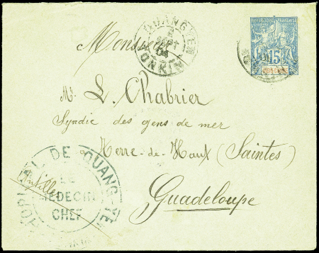 Env. Entier 15c. bleu obl. càd QUANGYEN 1/9/04, cachet du Médecin Chef, arr. BASSE TERRE Guadeloupe 22/10, TB