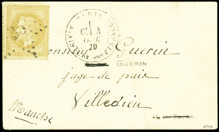 N°28B obl. Etoile 35 s. carte de visite pliée verticalement, càd Ministère des Finances 4/10/70, "ballon libre" pour VILLEDIEU Manche, frappes TB. L'A