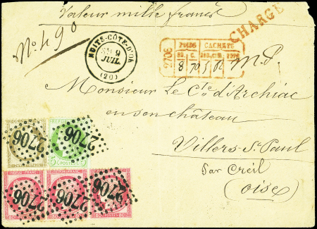 N°53, 56 et 57 BANDE de 3 obl. GC 2706 s. Env. CHARGE, càd T17 NUITS-COTE D'OR 9/7/74, TRICOLORE TTB
