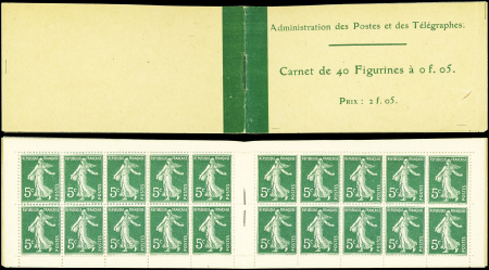 N°137-C1 Semeuse Camée, 5c. vert, n°137, T I, carnet de 40 t., Prix 2f05, TB