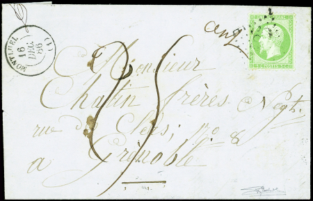 N°20 5c vert, obl. GC 2485 s. LAC, càd T15 MONTLUEL 16/12/56, Taxe 25 Plume pour Grenoble 17/12, TB