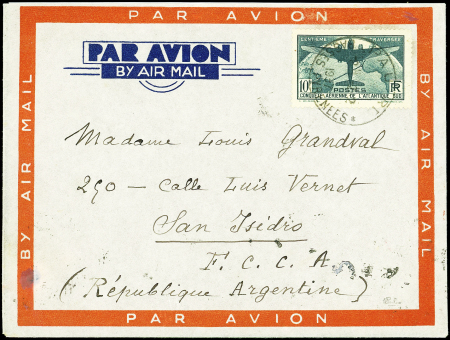 N°321 obl. PAU RP 1937 s. Env. Par Avion, arr. BUENOS AYRES 3/4, TB