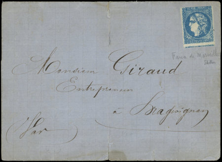 N°46B 20c bleu, T II, FAUX pour servir non obl. sur LAC de Marseille du 1/4/71, TB. Signé Scheller