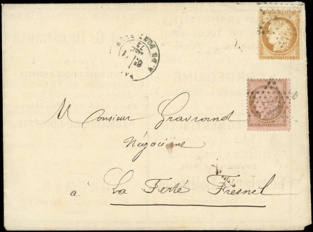 N°58 et 59, 10c et 15c ce dernier avec lettres D et C entrelacées, obl. Etoile 17 s. Env. publicitaire Delavault et Cie, càd R. du Pont Neuf 21/12/72