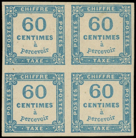 N°9 60c bleu, BLOC de 4, neuf *, 2 ex. ** dont un froissure, aspect TB