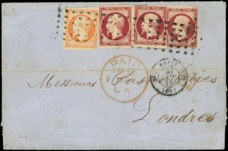N°16 40c orange et N°17 80c. carmin (3) obl. ROULETTE de GROS POINTS s. LAC un peu fatiguée, càd PARIS 31/10/55, arr. LONDRES le 1/11, TB