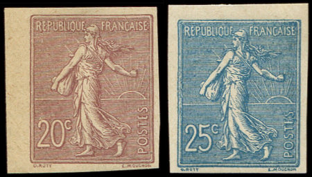 N°131b et 132b, Semeuse Lignée, 20c. brun-lilas et 25c. bleu, NON DENTELES, neuf *, gomme non originale, TB