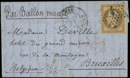 N°30 obl. Etoile 4 s. LAC, càd R. d'Enghien 20/10/70, au verso càd FRANCE-OUEST 1/11, pour BRUXELLES, TTB. LE GARIBALDI