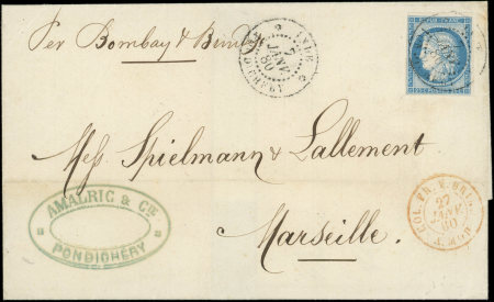 N°23 25c bleu obl. càd INDE PONDICHERY 7/1/80 s. LSC, TTB