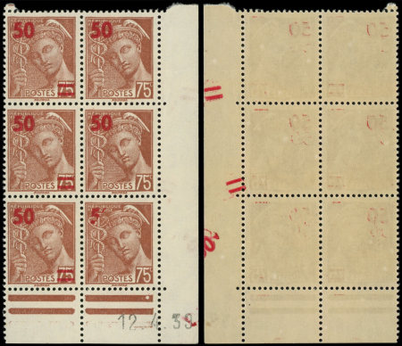 N°477 Mercure, 50 s. 75c brun, BLOC de 6 CD dont un t. surcharge 5 SEULE, neuf **, R et TB