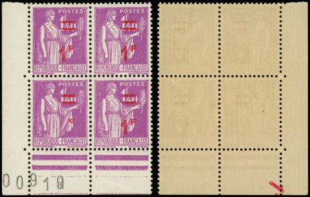 N°484 Paix, 1f s. 1f40 lilas, un t. SANS 1F dans un BLOC de 4 cdf N°, neuf **, TB