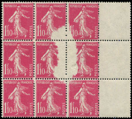 N°238 Semeuse Camée,  1f10 rose, BLOC de 9 avec impression PARTIELLE, neuf **, TB