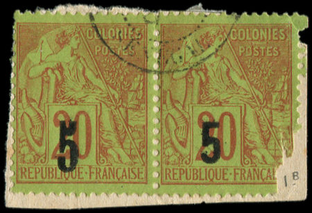 N°1A et 1B : 5 s. 20c. brique s. vert, T II et III se tenant, obl. s. fragt, N°1B très défx non compté