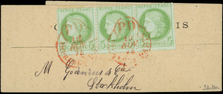 N°53    5c. vert-jaune sur azuré, BANDE de 3 obl. càd ROUGE des Imprimés PD PARIS 10/11/74 s. bande pour STOCKHOLM, TTB. S