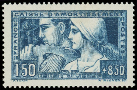 N°252c Le Travail, 1f.50 + 8f.50, BLEU-VERT, T I, neuf *, TB