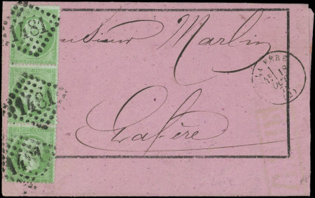 N°35 5c vert pâle sur bleu, BANDE de 3 obl. GC 1481 s. LAC, càd T16 LA FERE 18/10/72, TTB