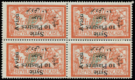 N°25 10pi. sur 2f. orange et vert, surch. RENVERSEE, BLOC de 4, neuf *, TB