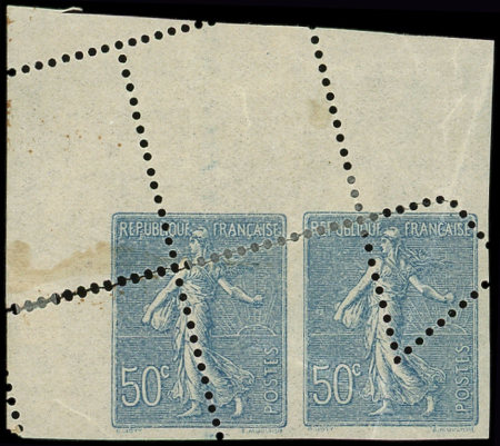 N°161 Semeuse Lignée, 50c bleu, PAIRE cdf avec spectaculaire PIQUAGE OBLIQUE, neuf *, TB