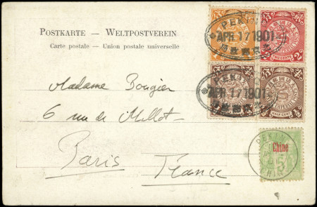 N°2 5c. vert-jaune, obl. PEKIN 17/4/01 s. CP MIXTE avec 1/2c. (2), 1c. et 2c. de CHINE obl. PEKING 17/4, TB