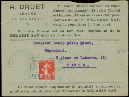 N°138 obl. cachet rectang. bleu CHAMBRE de COMMERCE/17 MAI 1909/DE LA ROCHELLE s. Env. A. Druet Grains/Cheval, TB