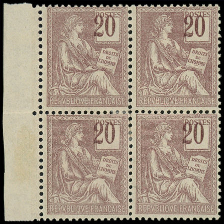 N°113a Mouchon, 20c brun-lilas, CHIFFRES FONCES et DEPLACES, BLOC de 4, neuf *, inf. ch., TB