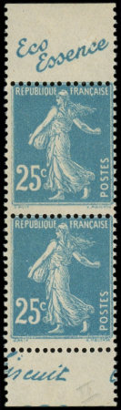 N°140f Semeuse Camée, 25c bleu, T II, PAIRE verticale du carnet 140-C11, pub ECO/OLIBET, neuf **, R et TB, cote Maury