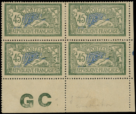 N°143d Merson, 45c vert noir et bleu, BLOC de 4 PAPIER GC avec manchette, neuf **, 2 t. *, plusieurs VARIETES d'impression, TB