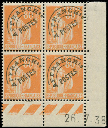 N°75 Paix, 80c. orange, BLOC de 4 CD 26/7/38, neuf *, inf. ch. s. la paire sup., TB