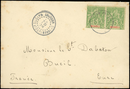 N°4 5c vert-jaune PAIRE obl. càd ANJOUAN MAYOTTE et DEPENDANCES 7/08 s. Env. pour Bueil, TB