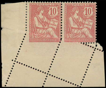 N°124 Mouchon Retouché, 10c rose, variété de PIQUAGE OBLIQUE dans une paire cdf, neuf **, 1 ex. *, TB