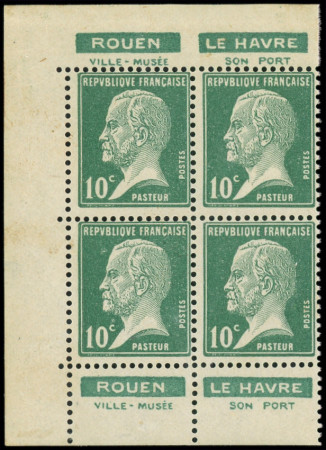 N°170 Pasteur, 10c vert, BLOC de 4 du carnet 170-CP2, pubs Rouen/Le Havre, neuf **, TB