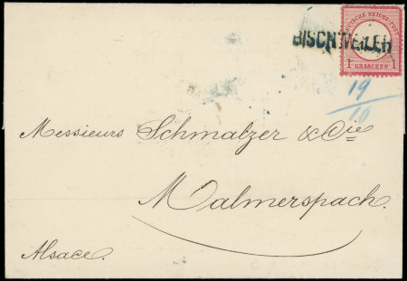 Affranchissements avec timbres d'Allemagne 1g. rouge d'Allemagne obl. griffe BISCHWEILER seul s. LSC pour Malmerspach, 1873, TB