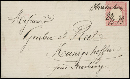 Affranchissements avec timbres d'Allemagne 1g. rouge d'Allemagne obl. griffe manuscrite "Oberehnheim 22/5 73" s. LAC d'OBERNAI, TTB