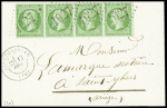 N°20 5c vert, bande de 4, obl. GC sur petite enveloppe