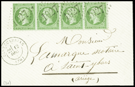N°20 5c vert, bande de 4, obl. GC sur petite enveloppe