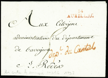 2 lettres : MP rouge "14 Aurillac" + cursive rouge